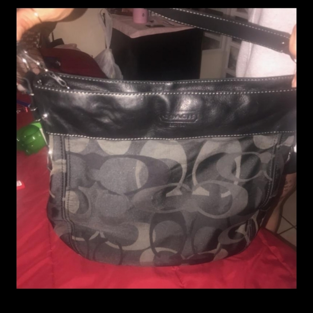 Coach Gray and Black Signature Canvas Hobo Bag